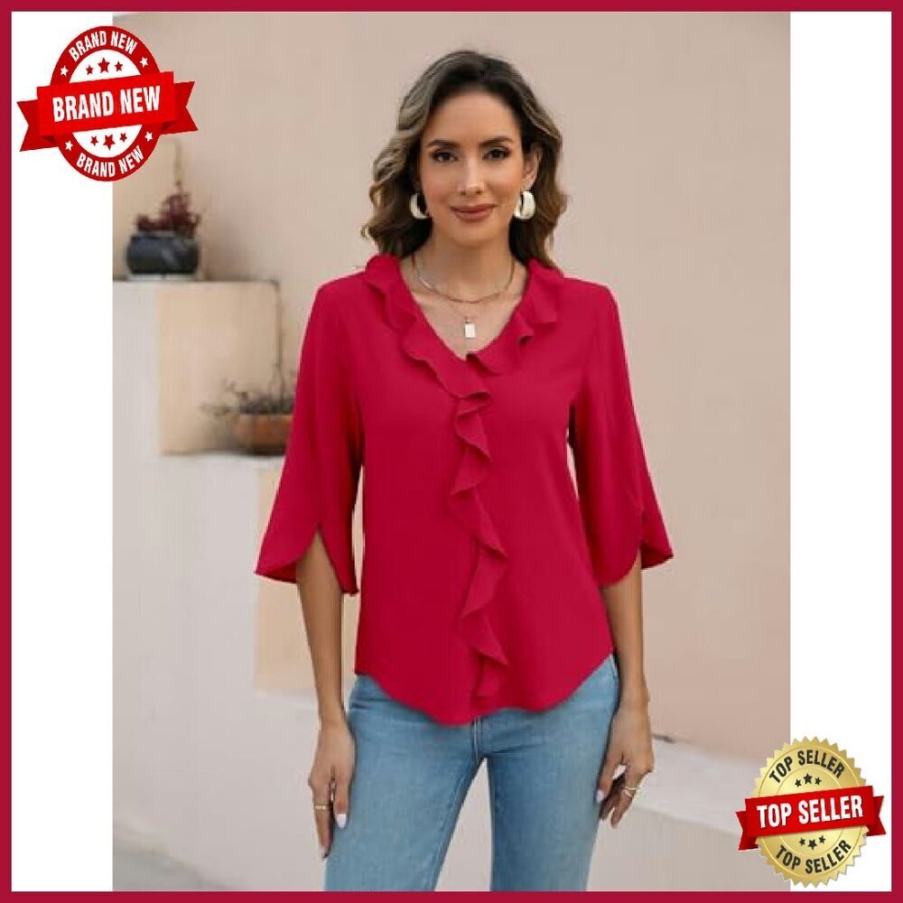 Women's 3/4 Sleeve V Neck Ruffle Blouse Business Casual Summer Top - Picture 3 of 8